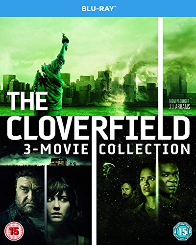Cloverfield" 3-movie Blu-ray collection cover featuring the Statue of Liberty and character stills.