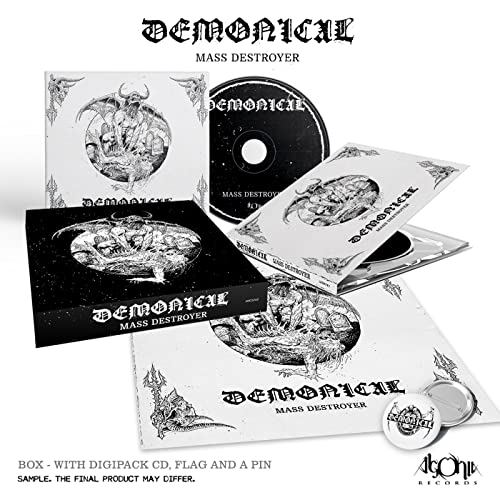 Black and white metal album box set with CD, flag, and pin.