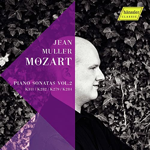 CD cover: Jean Muller performing Mozart piano sonatas, purple and black.