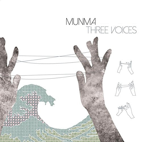 Album cover for Munma’s “Three Voices” featuring hands, waves, and string art.