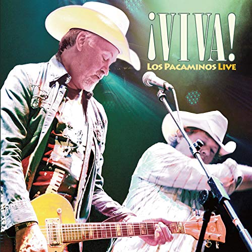"Album cover featuring two musicians in white hats playing guitars on stage."