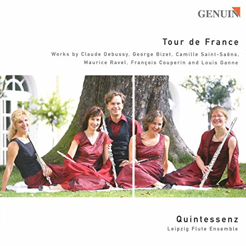 CD cover: Five flutists in red gowns pose near a large tree.
