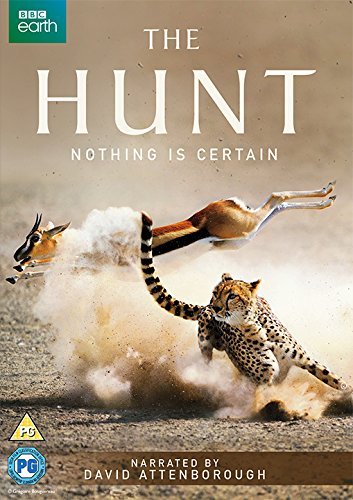DVD cover showing a leopard chasing a gazelle, kicking up dust, with "The Hunt" title.