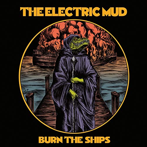 Album cover: hooded alligator figure standing on a dock, ships burning.