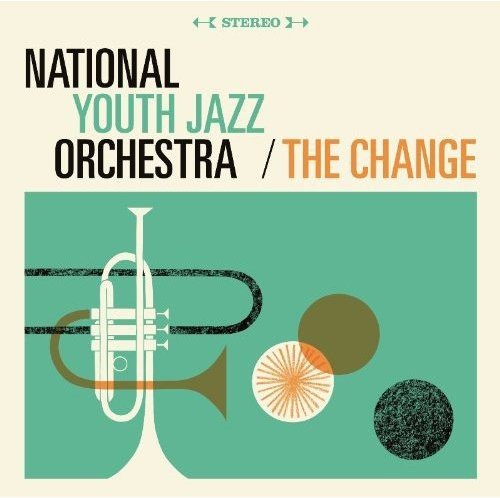 "CD cover with trumpet graphic and abstract shapes on green background, titled 'The Change'."