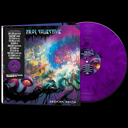 Purple vinyl record with colorful, surreal album artwork and artist list.