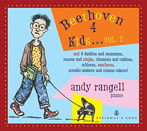"CD cover featuring cartoon man walking a piano on a leash, red border."