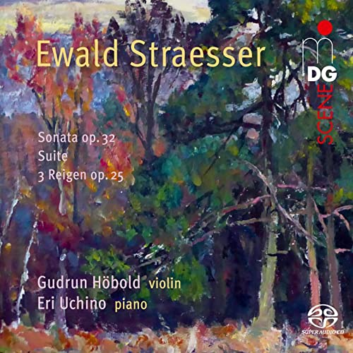 CD cover: Impressionistic painting of trees with composer Ewald Straesser’s name.