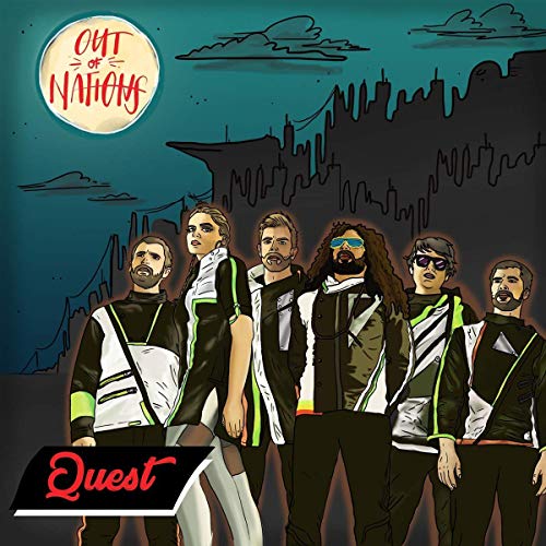 "Album cover featuring six cartoon band members in black and white outfits."