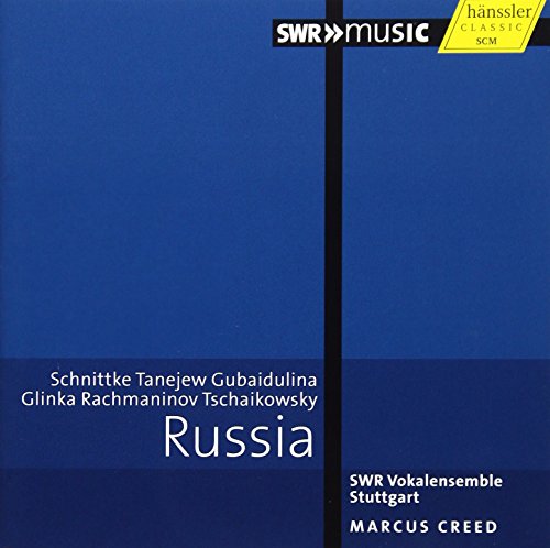 "Blue CD cover with white text and black vertical line, featuring 'Russia' and composer names."