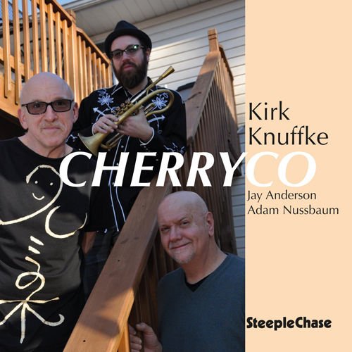 CD album cover with three men and a trumpet on a staircase.