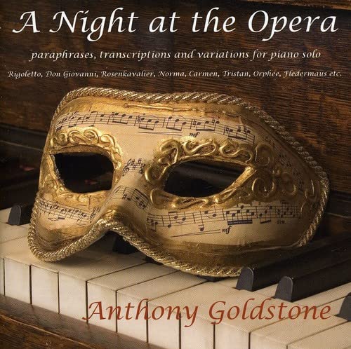 CD cover: golden opera mask over sheet music and piano keys.