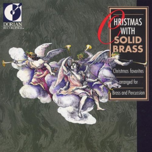 Christmas CD cover featuring angels on clouds, trumpet logo, and marbled grey background.