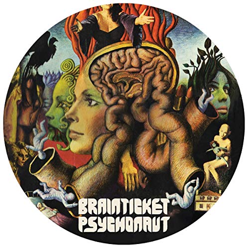 "Picture disc vinyl record with surreal, psychedelic artwork featuring a brain and multiple faces."