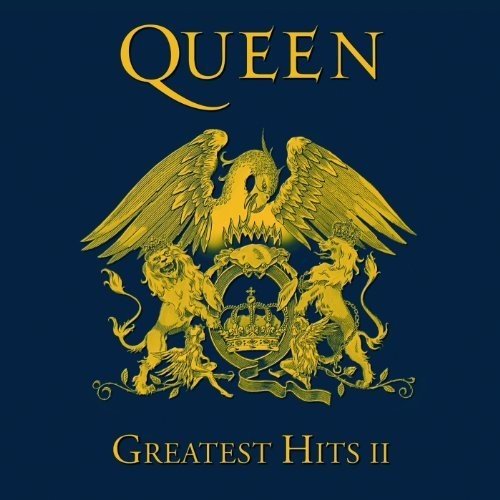 Dark blue vinyl album cover with gold "Queen" logo and crest illustration.