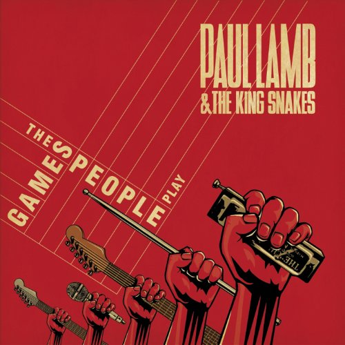 "Red album cover with hands holding guitars and microphone, text 'Paul Lamb & The King Snakes'."