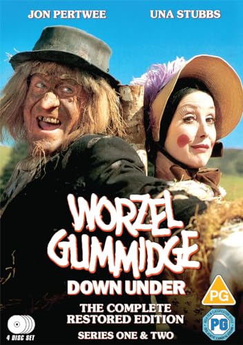 DVD cover for "Worzel Gummidge Down Under" featuring two actors in costume.