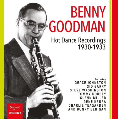Benny Goodman in a suit playing the clarinet on a red CD cover.