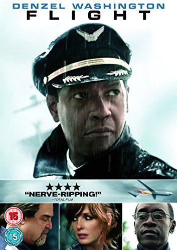 DVD cover for "Flight" featuring Denzel Washington as a pilot, rainy background.