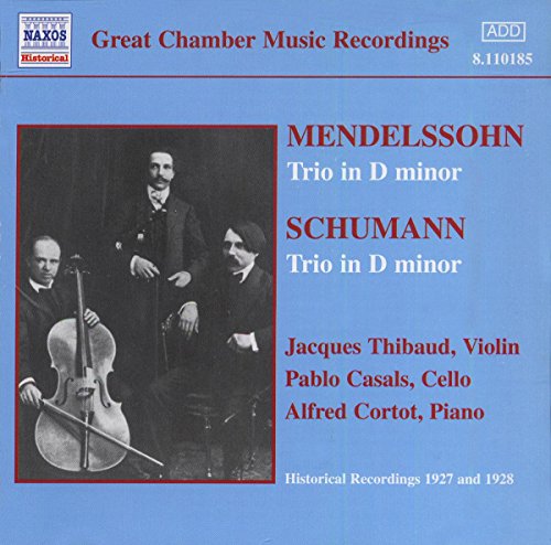 CD cover featuring a black and white photo of three musicians, Jacques Thibaud, Pablo Casals, and Alfred Cortot.