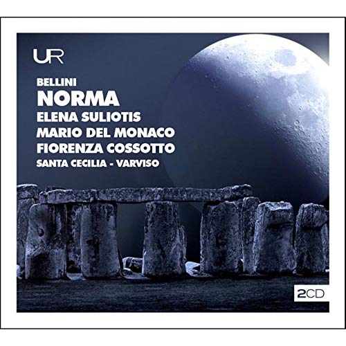 The image depicts a CD cover for the opera "Norma" by Bellini. * The cover features a darkened image of Stonehenge with a large moon in the background. * The title and performers' names are prominently displayed in white text on the left side. * The text includes the names of the performers: Elena Suliotis, Mario Del Monaco, and Fiorenza Cossotto. * The overall design is simple yet striking, with a focus on the dramatic imagery of