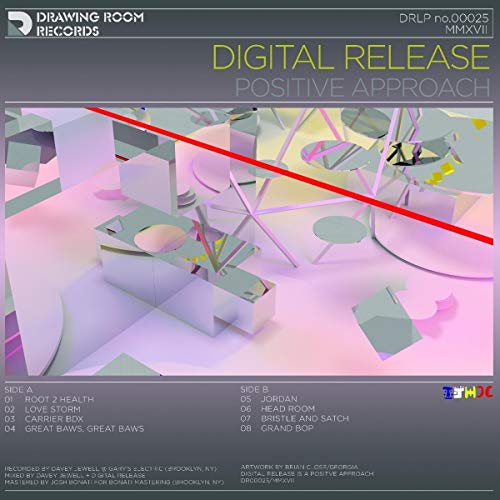 "Album cover with 3D abstract shapes, pastel colors, and tracklist on gray background."
