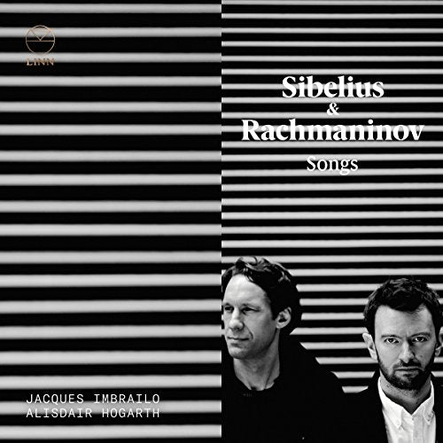 Black and white CD cover with two men and striped background.