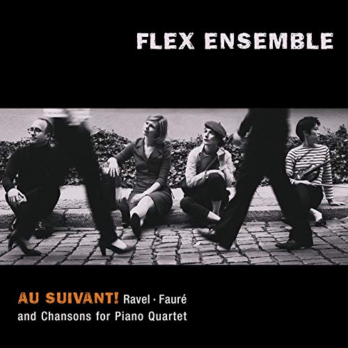 Black-and-white CD cover featuring a group of four musicians sitting on cobblestones outdoors.
