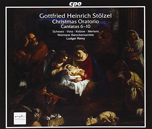 "CD cover featuring a painting of the Nativity scene with white text and black border."
