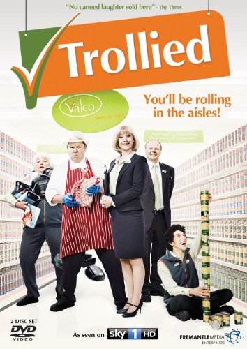 DVD cover for "Trollied" featuring five actors in a supermarket setting.