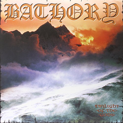 "Bathory album cover with mountain landscape and cloudy sky, titled 'Twilight of the Gods'."