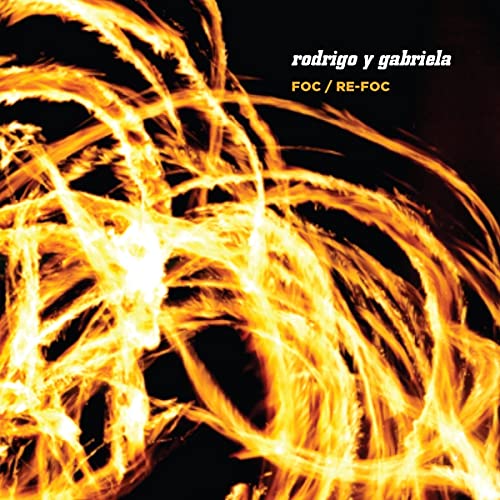 Rodrigo y Gabriela CD cover with abstract orange and yellow flame-like design.