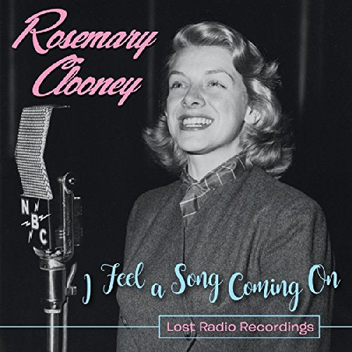 Rosemary Clooney smiling beside an NBC microphone, in black and white with pink and blue text.