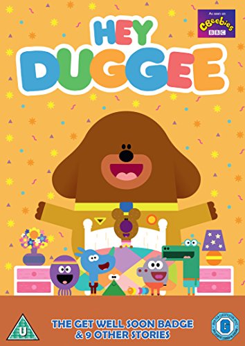 "Cartoon dog character on orange background with colourful text and other cartoon characters below."