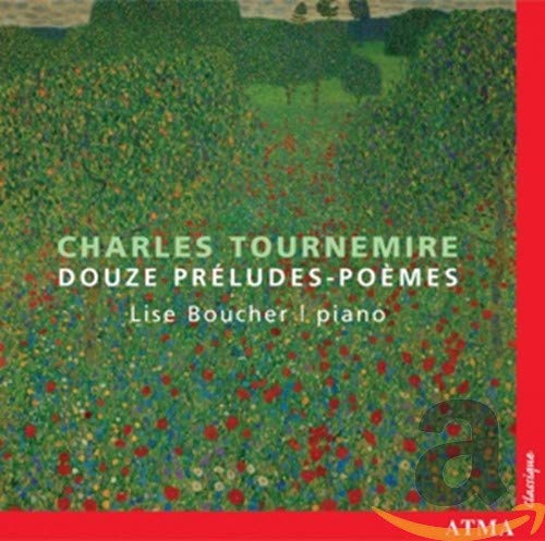 CD cover with a painting of a green field dotted with red flowers.