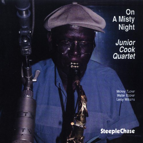 Junior Cook playing saxophone with a microphone, album cover art.
