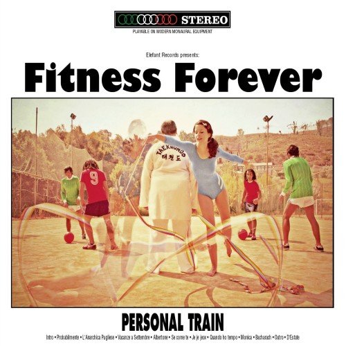 "Album cover with people exercising outdoors, surrounded by resistance bands, on a white background."