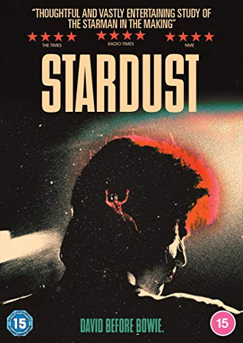 Stardust" DVD cover featuring a silhouetted young David Bowie with orange flares.