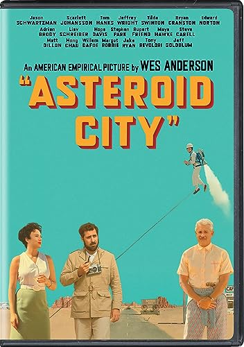 Asteroid City" DVD cover featuring three people and a jetpack in a desert.