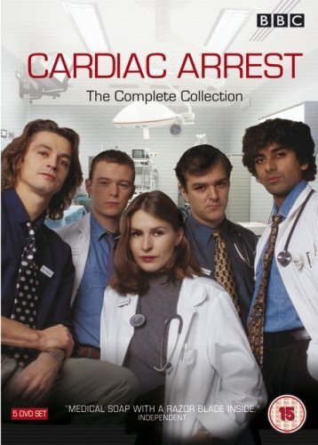 "Cardiac Arrest DVD cover featuring five medical professionals in a hospital setting."
