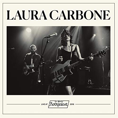 Black and white album cover featuring Laura Carbone performing live on stage.