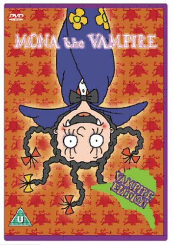 DVD cover featuring cartoon girl Mona upside down with fangs, against an orange background.