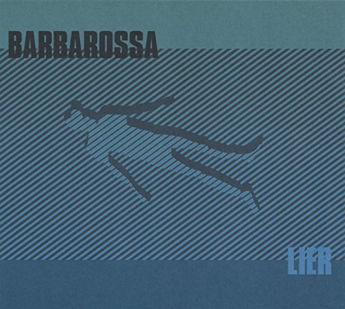 "Album cover with blue background, diagonal stripes, and abstract dark blue shapes."