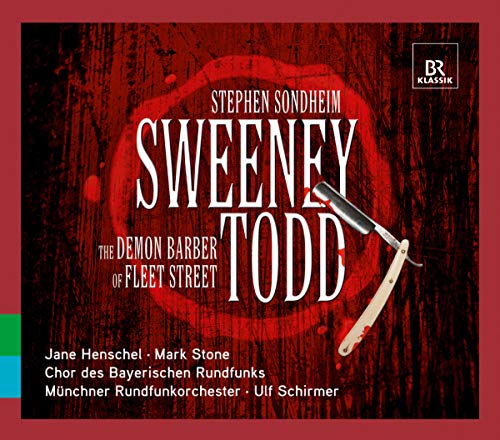 CD cover for Sweeney Todd with a straight razor over a red blood-splattered background.