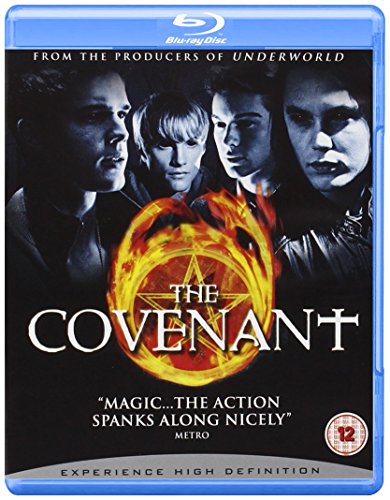 Blu-ray cover for "The Covenant" featuring four young people and a fiery symbol.