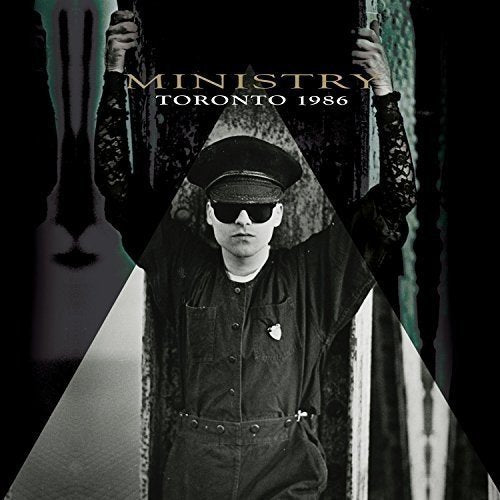 Black and white album cover for Ministry’s “Toronto 1986” featuring a figure in dark clothing.