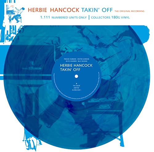 Herbie Hancock’s “Takin’ Off” marbled blue vinyl record with album cover text.
