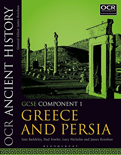 "Book cover with ancient Greek ruins and text 'OCR Ancient History GCSE Component 1'."