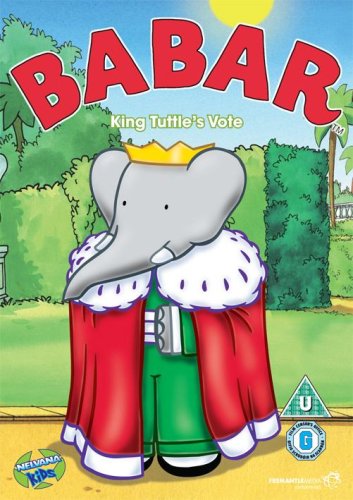 Babar the elephant wearing a crown and royal robe, DVD cover.