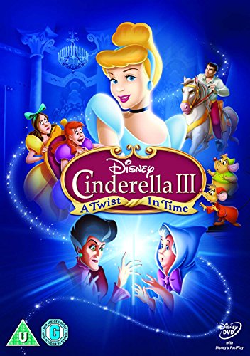 "Cinderella DVD cover featuring Cinderella, prince, and other characters against a blue background."